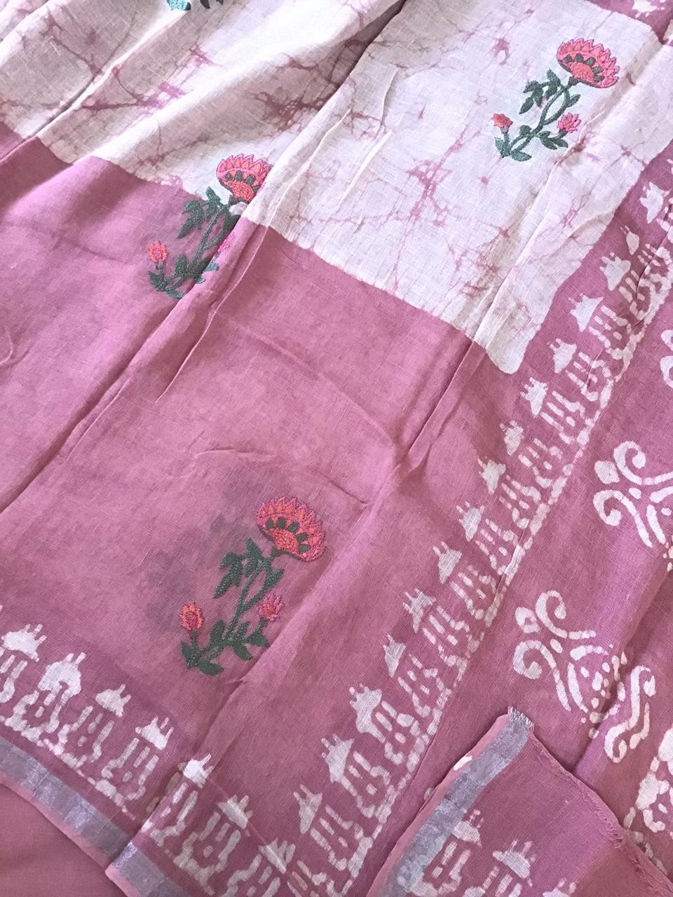 Pure Linen Jute Cotton Printed Embroidered Suit - Pink