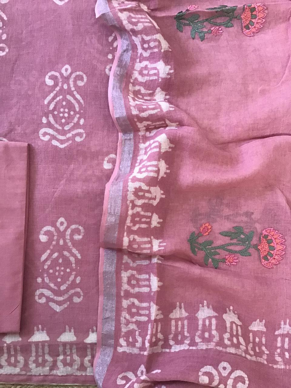 Pure Linen Jute Cotton Printed Embroidered Suit - Pink