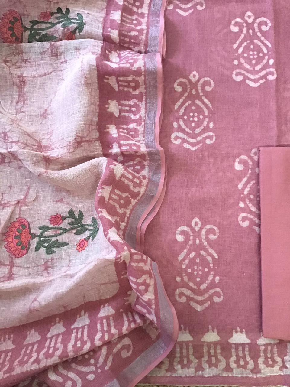 Pure Linen Jute Cotton Printed Embroidered Suit - Pink