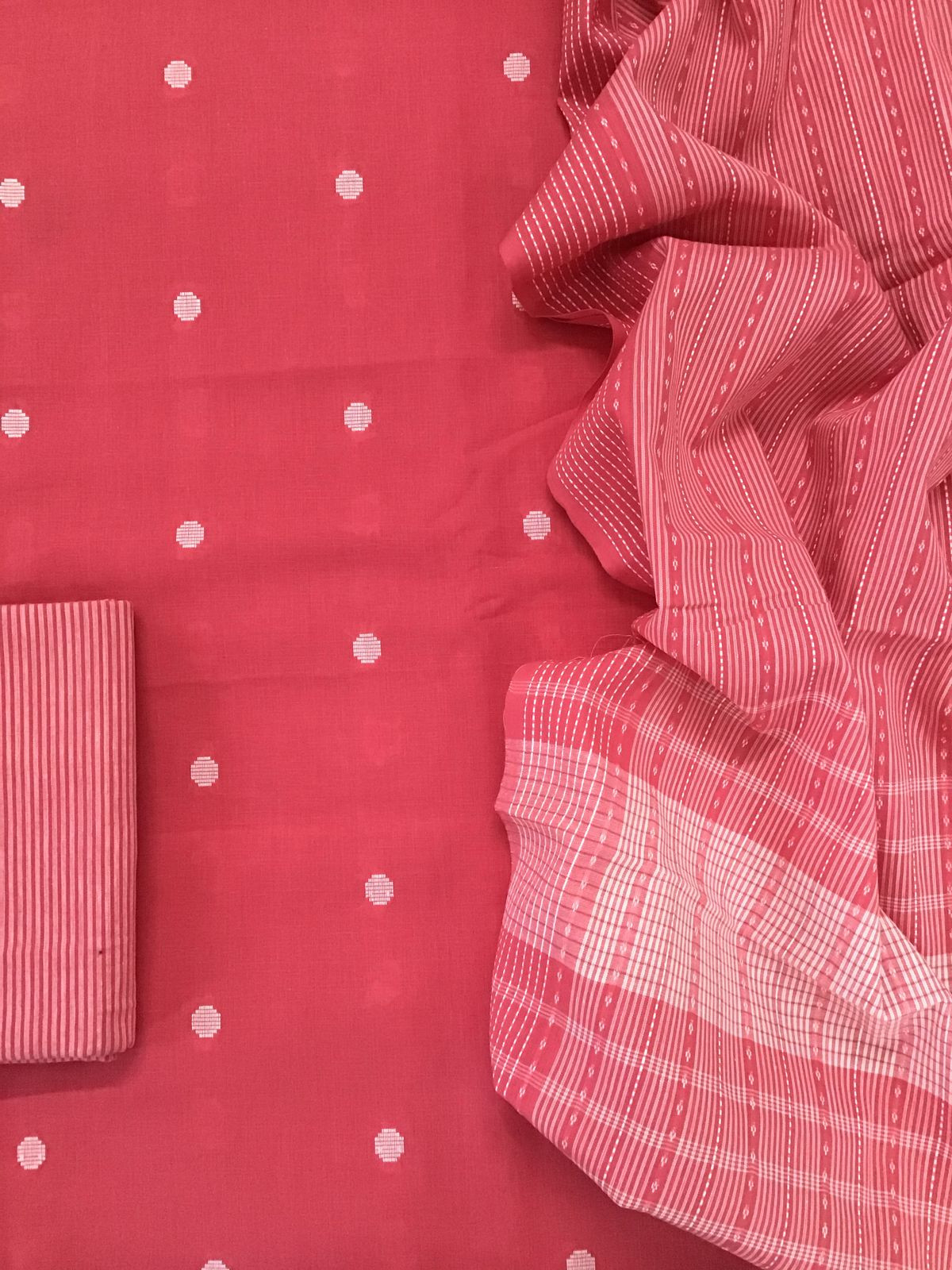 Pure Handloom Cotton Self Weaved Suit - Pink