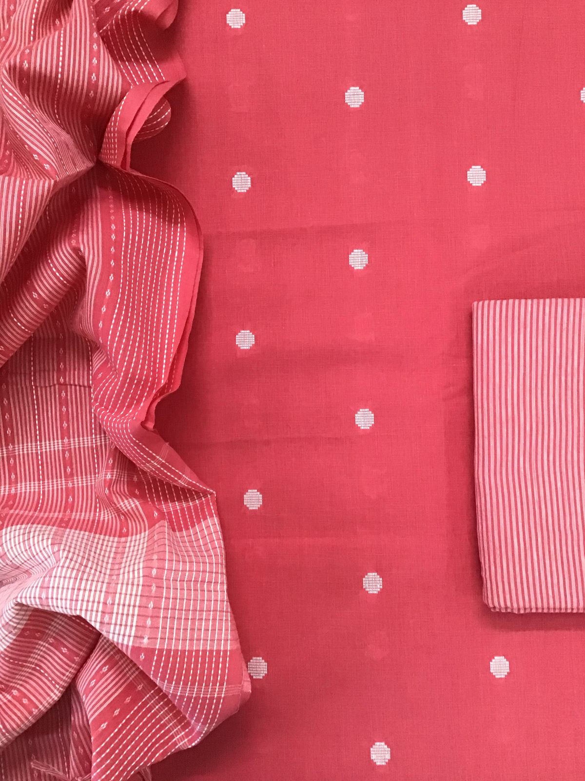 Pure Handloom Cotton Self Weaved Suit - Pink