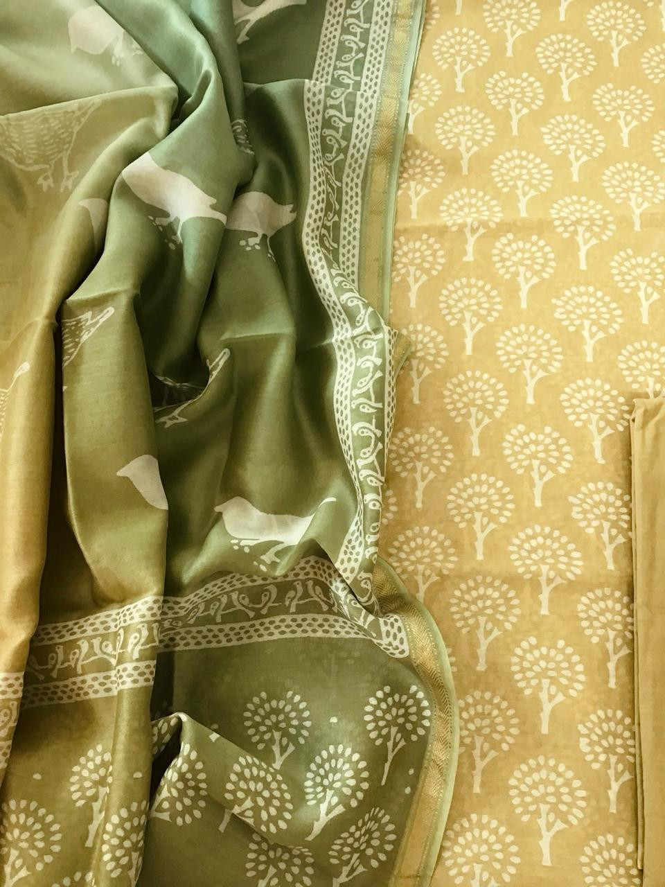 Pure Maheshwari Printed Suit - Beigish Yellow