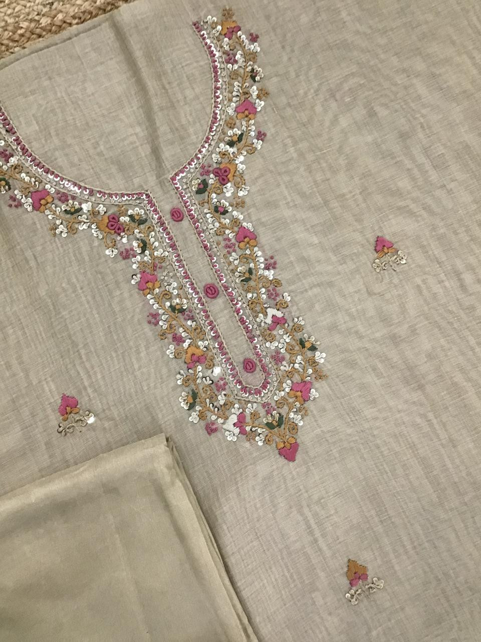 Soft Kora Chanderi Embroidered Suit - Beige