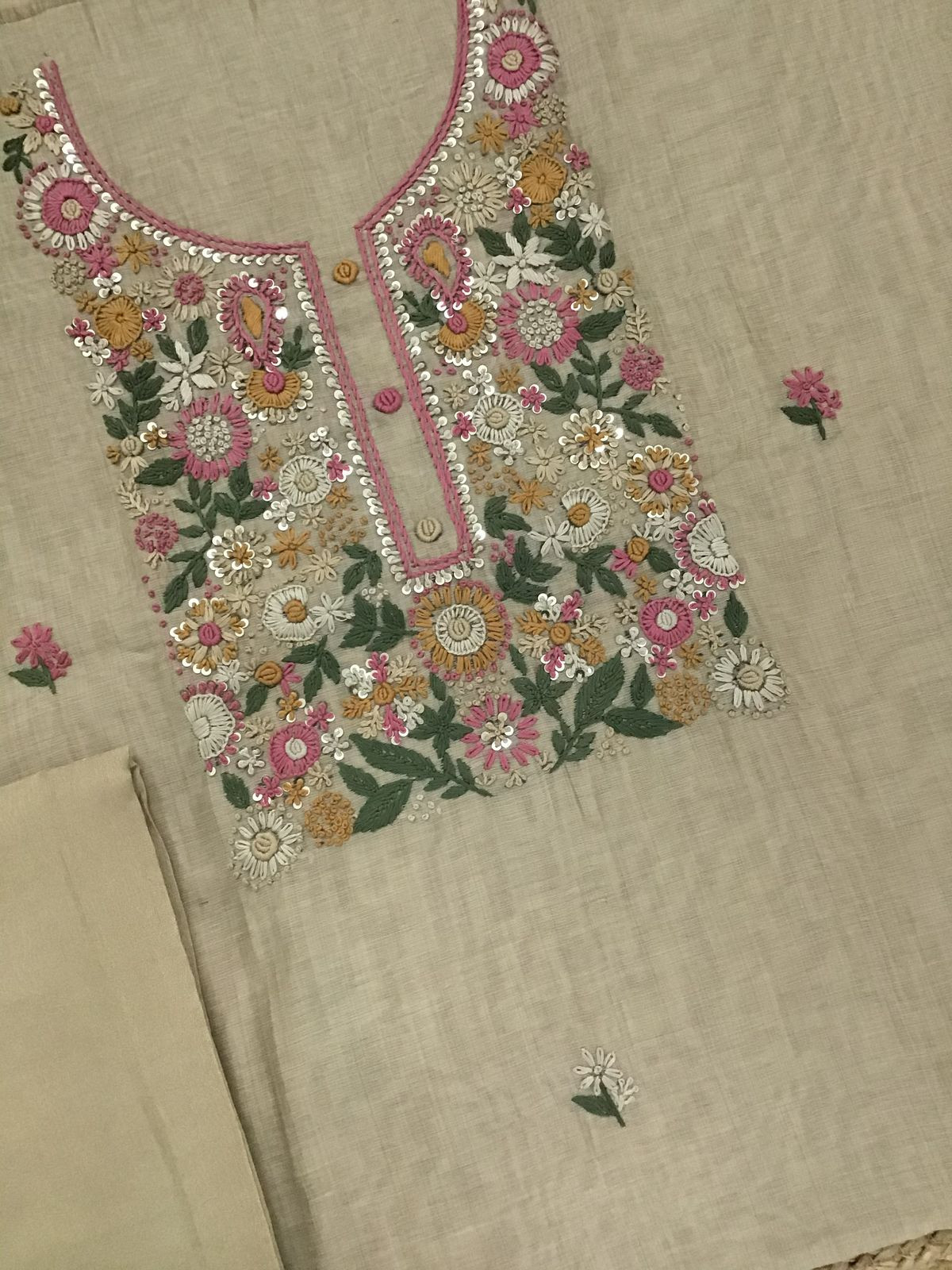 Soft Kora Chanderi Embroidered Suit - Beige