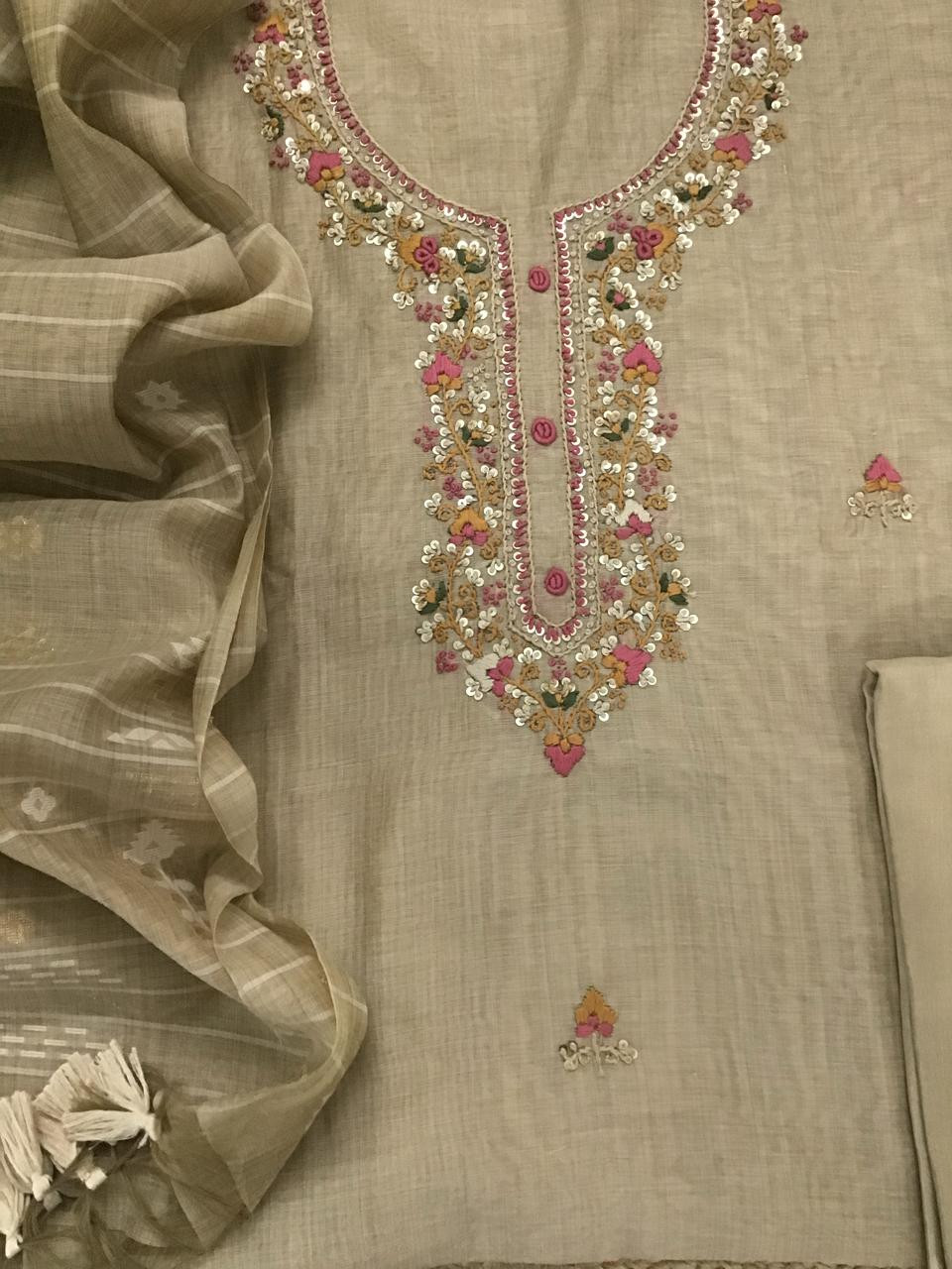 Soft Kora Chanderi Embroidered Suit - Beige