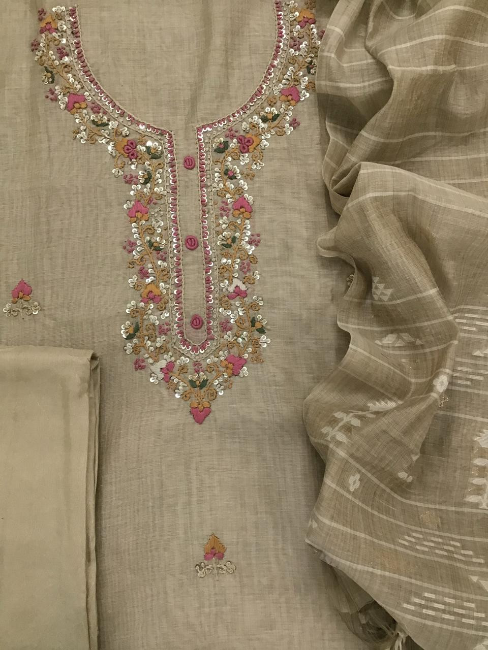 Soft Kora Chanderi Embroidered Suit - Beige