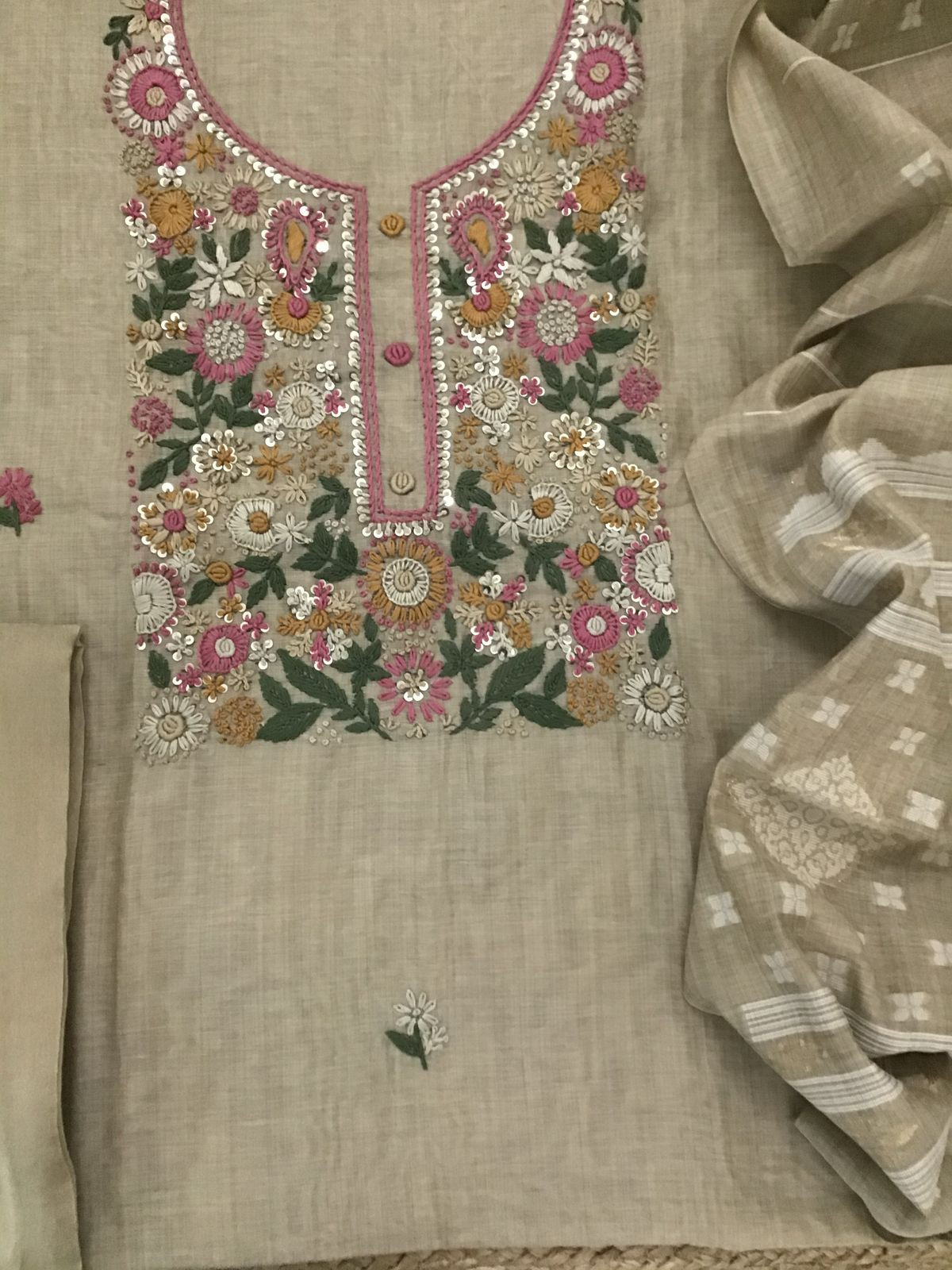 Soft Kora Chanderi Embroidered Suit - Beige