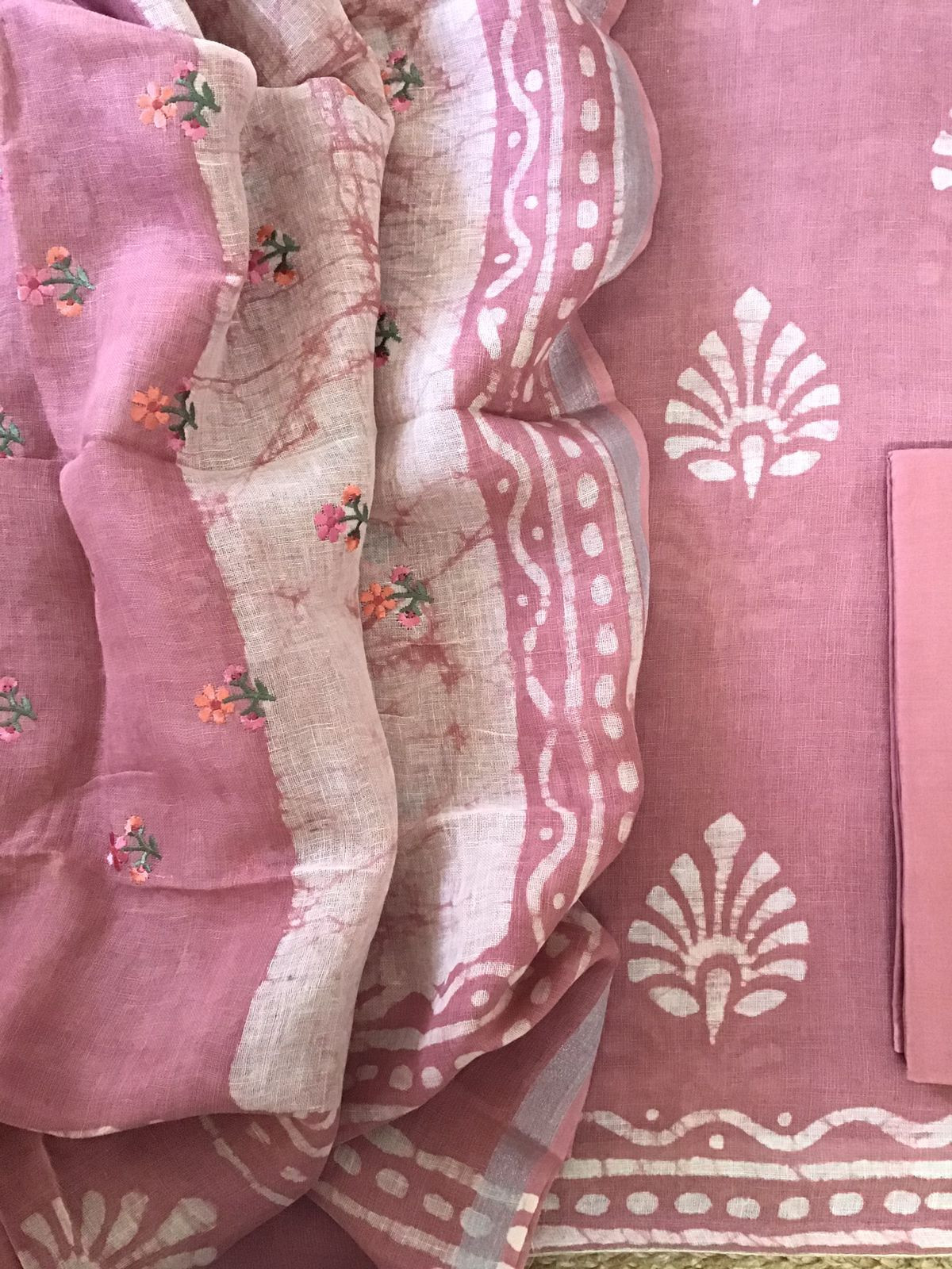 Pure Linen Jute Cotton Printed Embroidered Suit - Pink