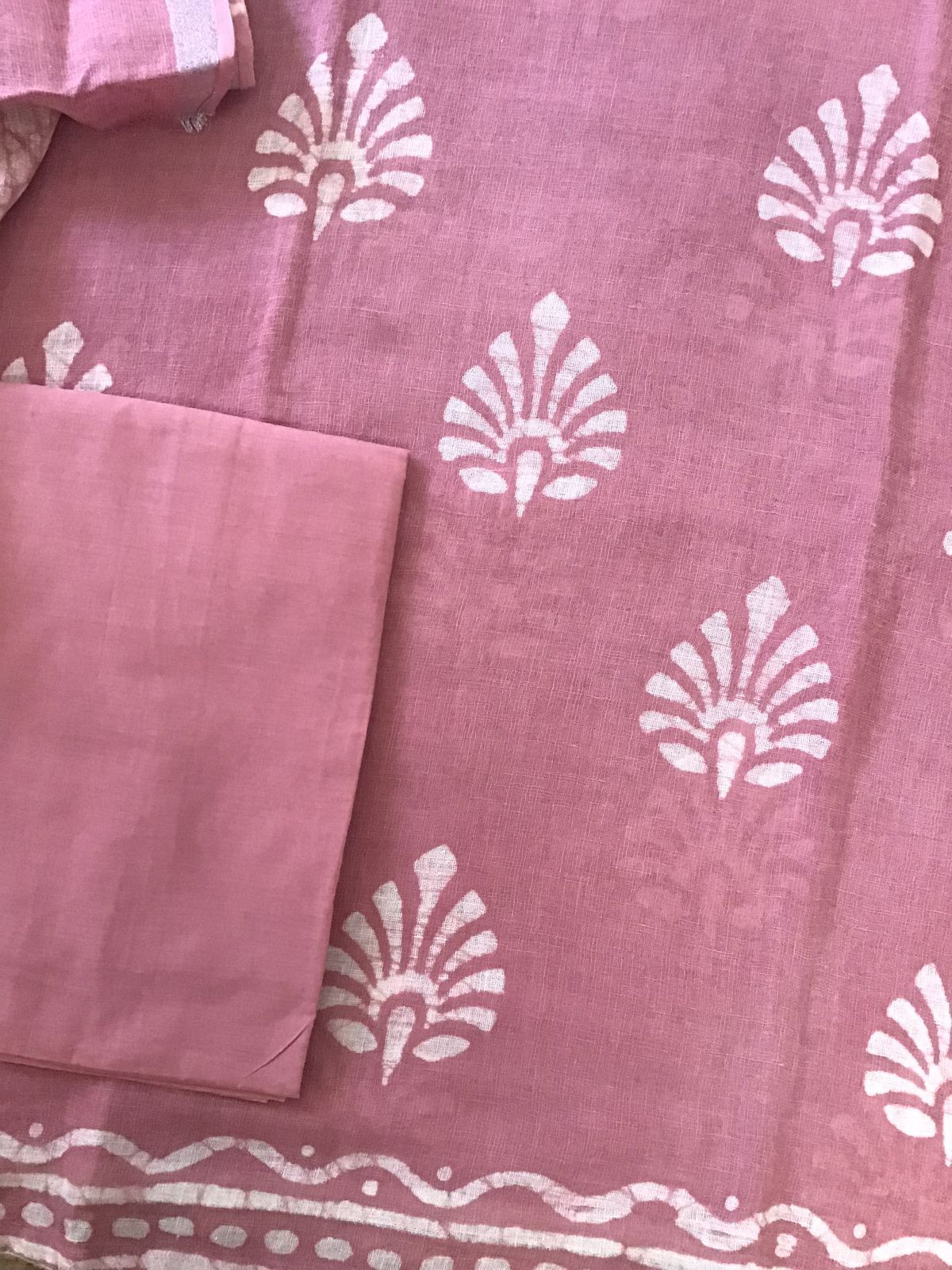 Pure Linen Jute Cotton Printed Embroidered Suit - Pink