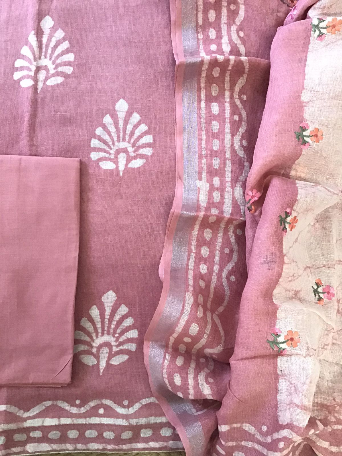 Pure Linen Jute Cotton Printed Embroidered Suit - Pink