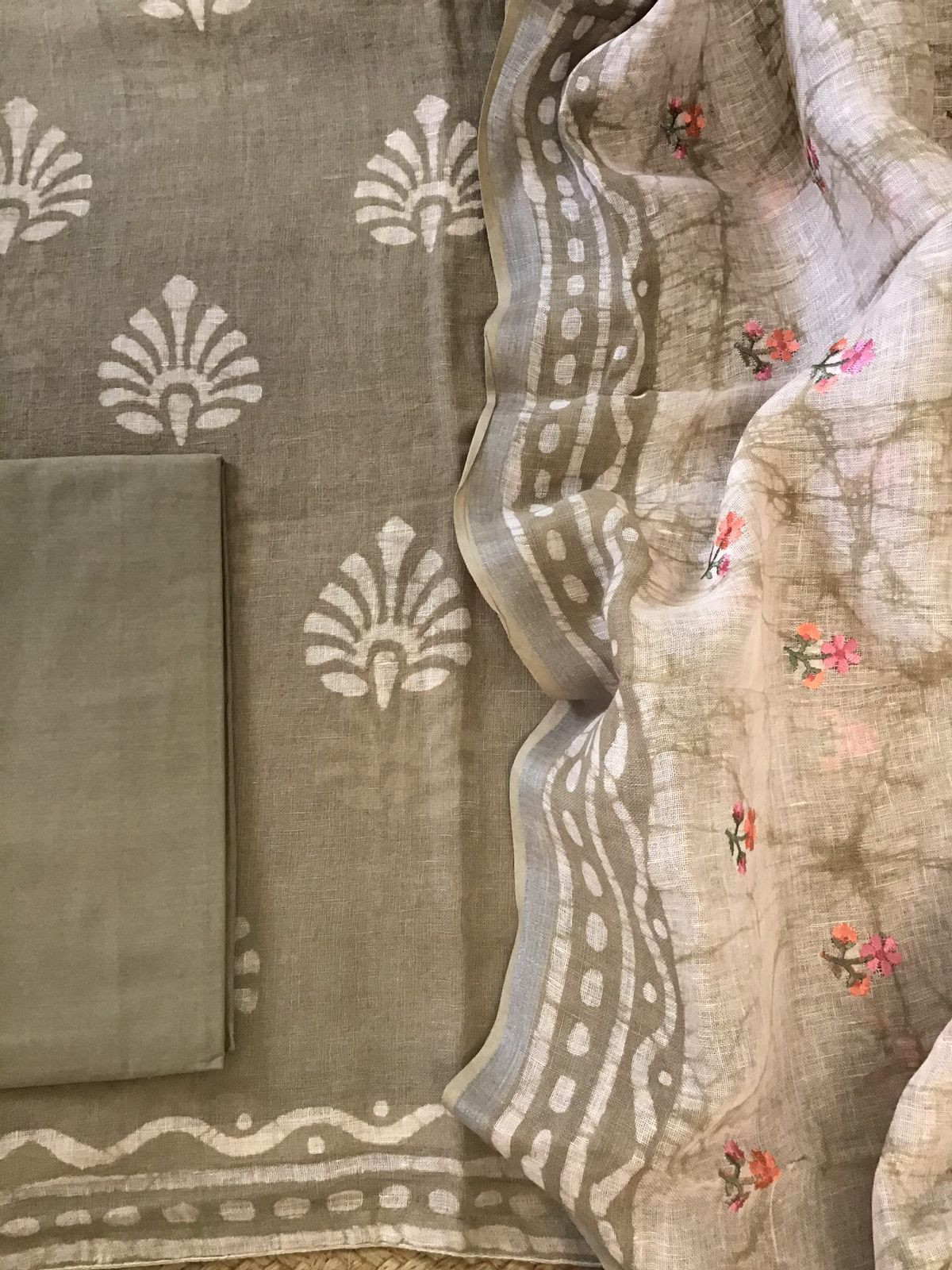 Pure Linen Jute Cotton Printed Embroidered Suit - Beige