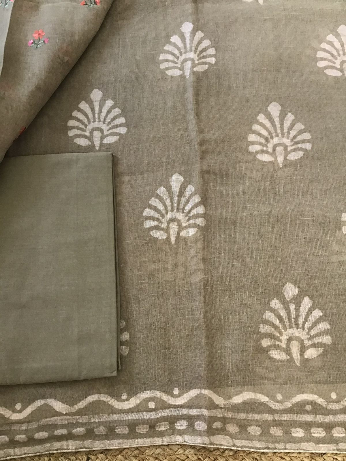Pure Linen Jute Cotton Printed Embroidered Suit - Beige