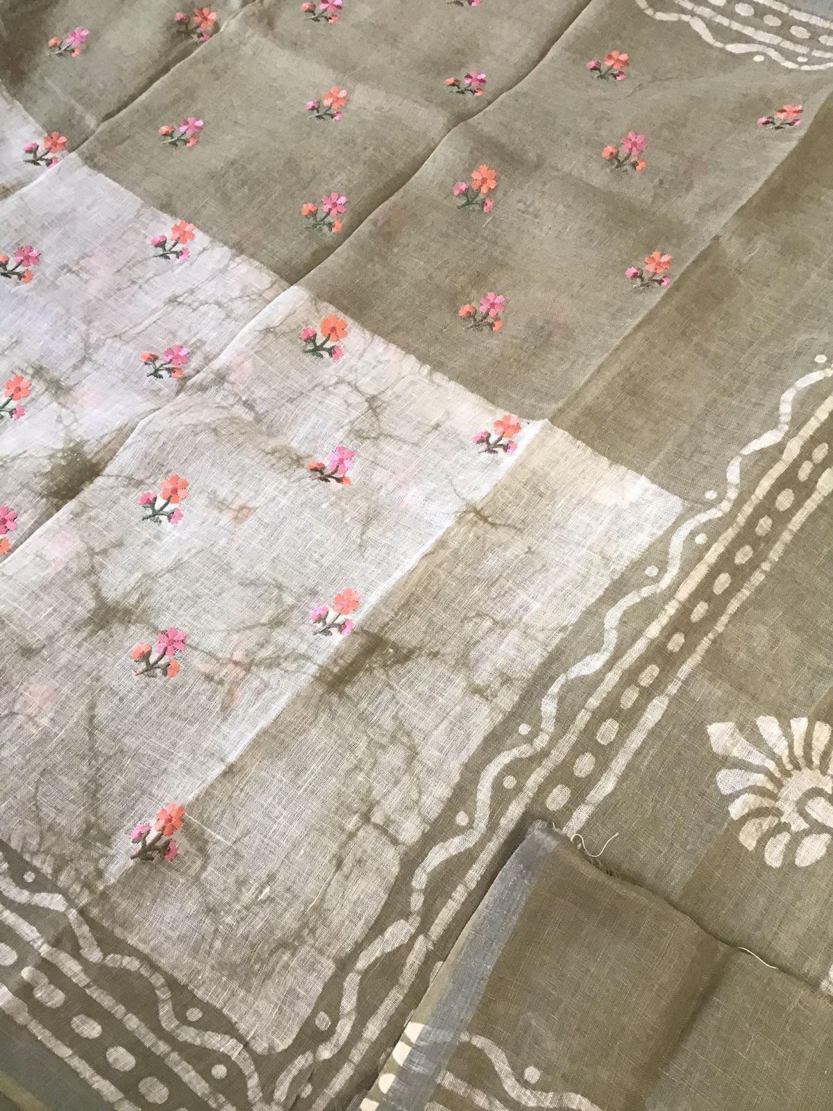 Pure Linen Jute Cotton Printed Embroidered Suit - Beige