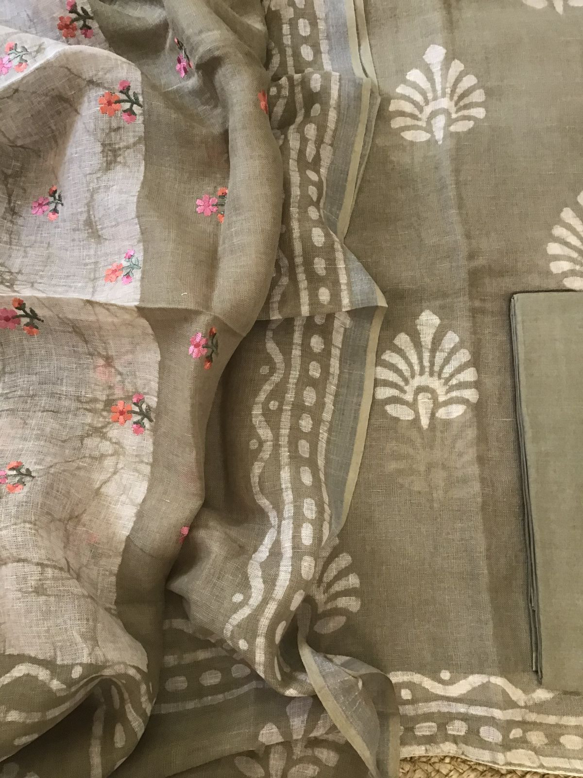 Pure Linen Jute Cotton Printed Embroidered Suit - Beige