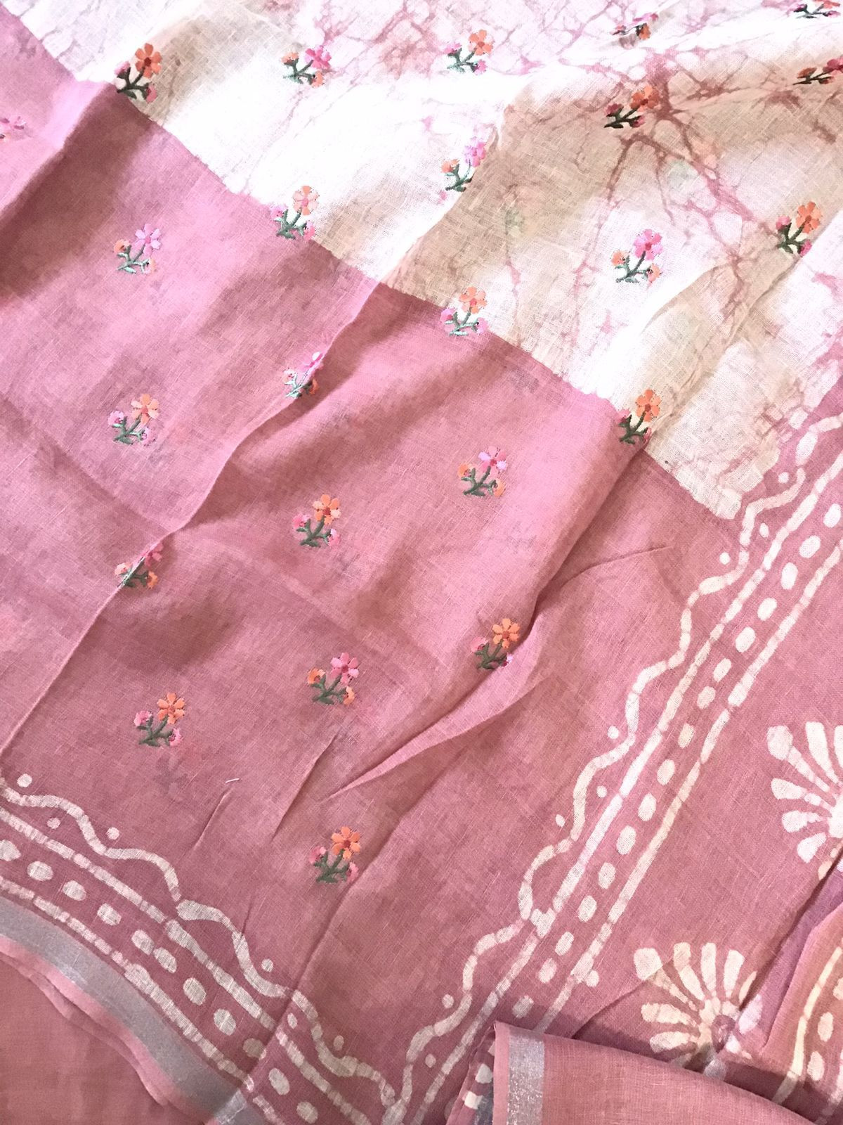 Pure Linen Jute Cotton Printed Embroidered Suit - Pink