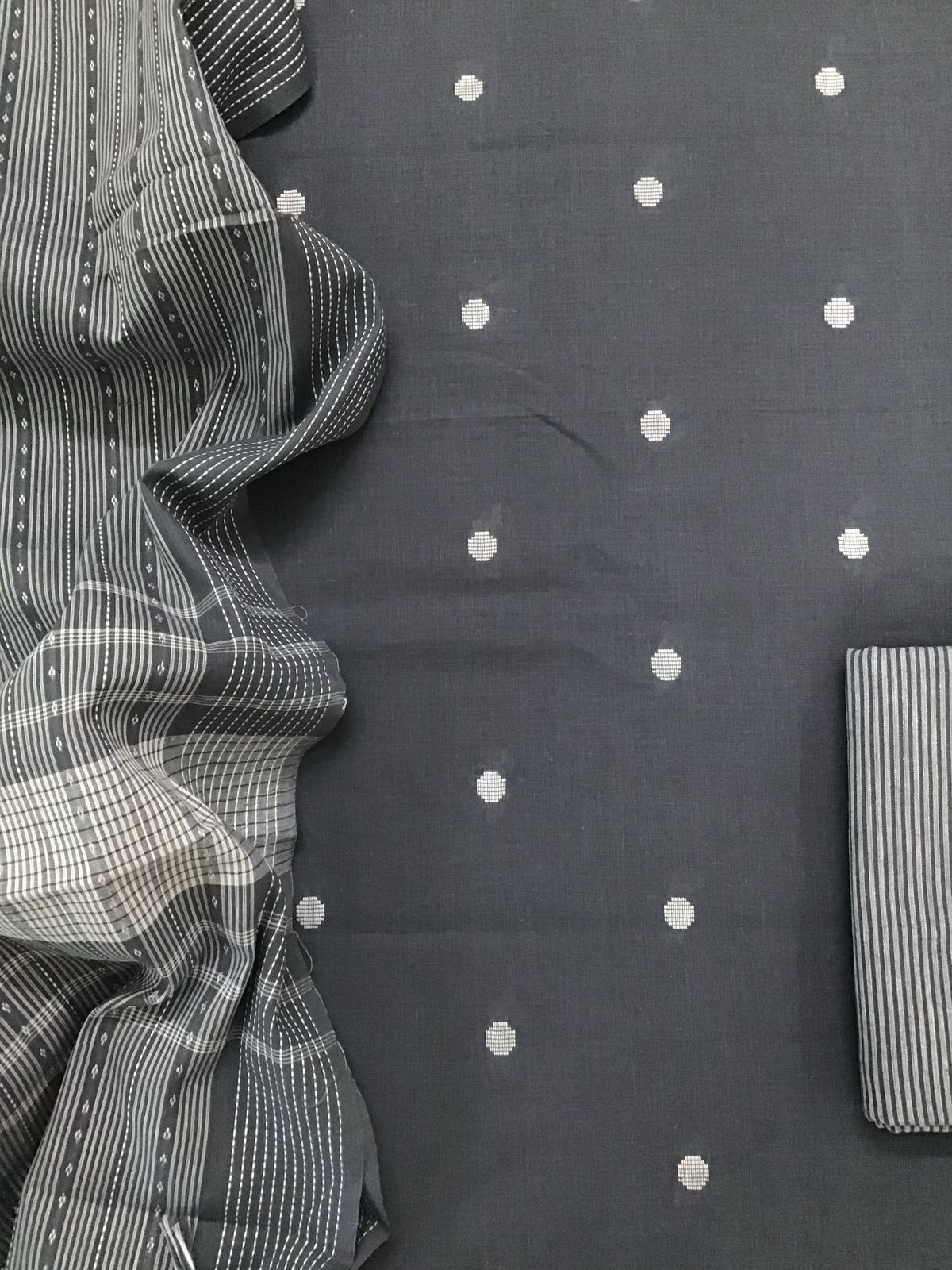 Pure Handloom Cotton Self Weaved Suit - Grey