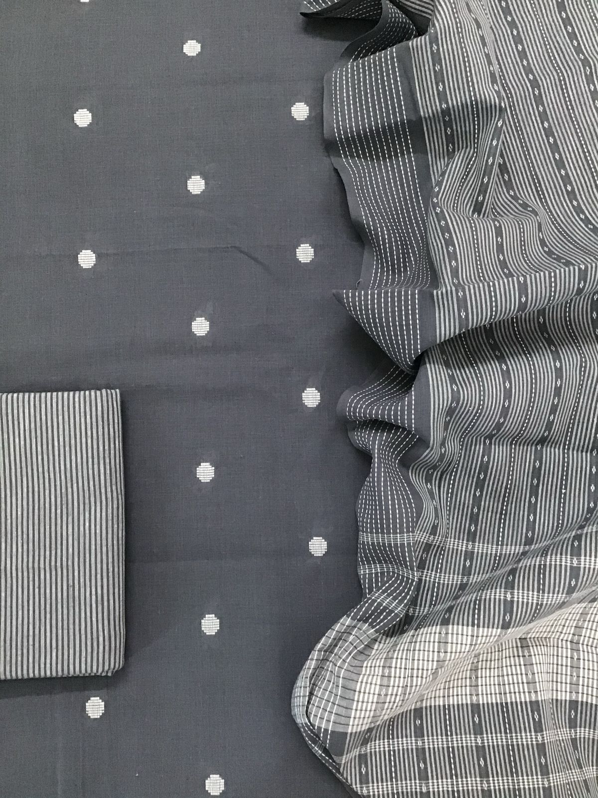 Pure Handloom Cotton Self Weaved Suit - Grey
