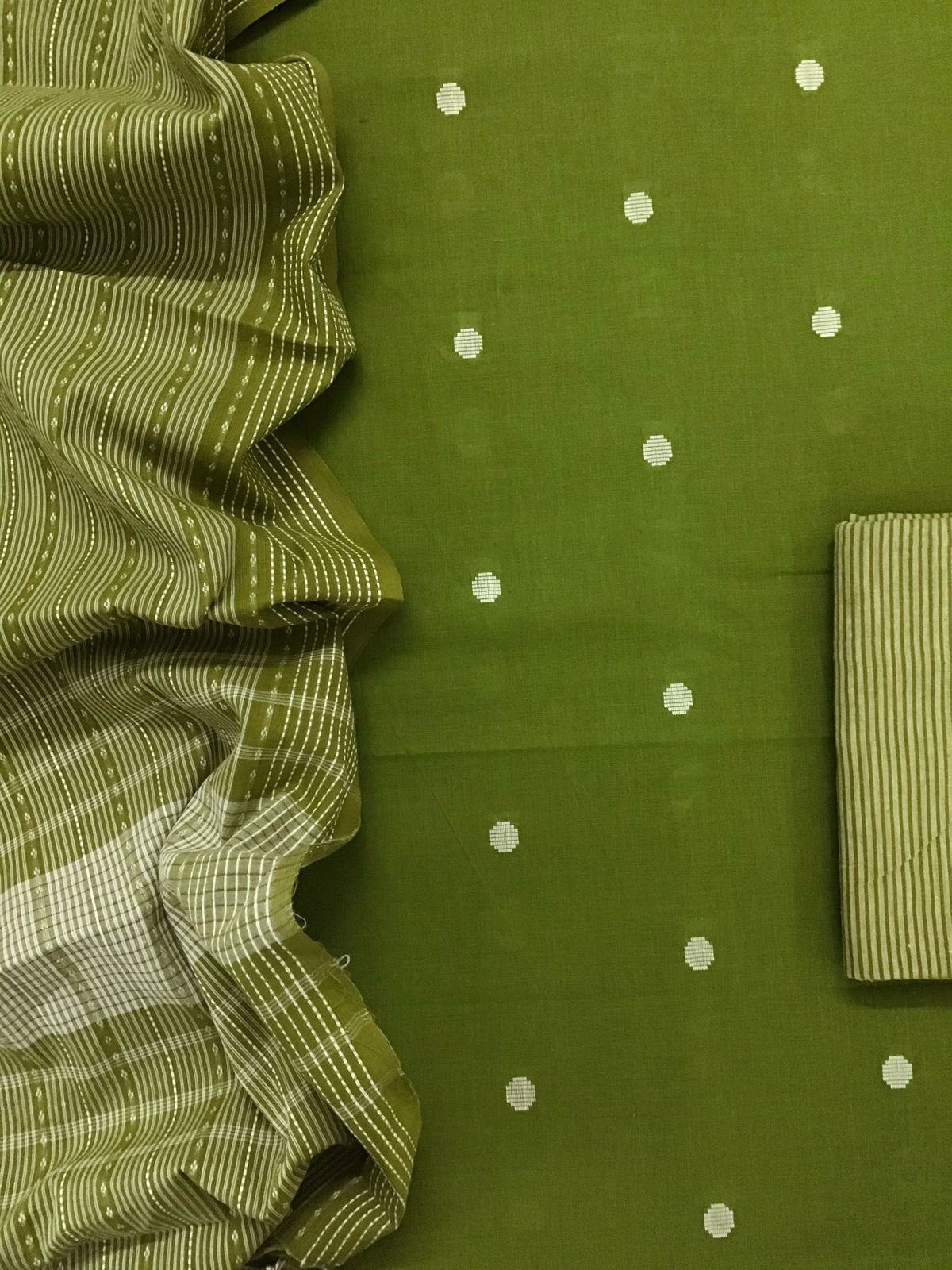 Pure Handloom Cotton Self Weaved Suit - Green