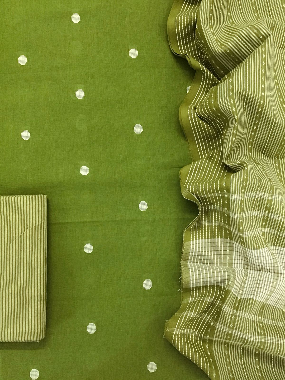 Pure Handloom Cotton Self Weaved Suit - Green