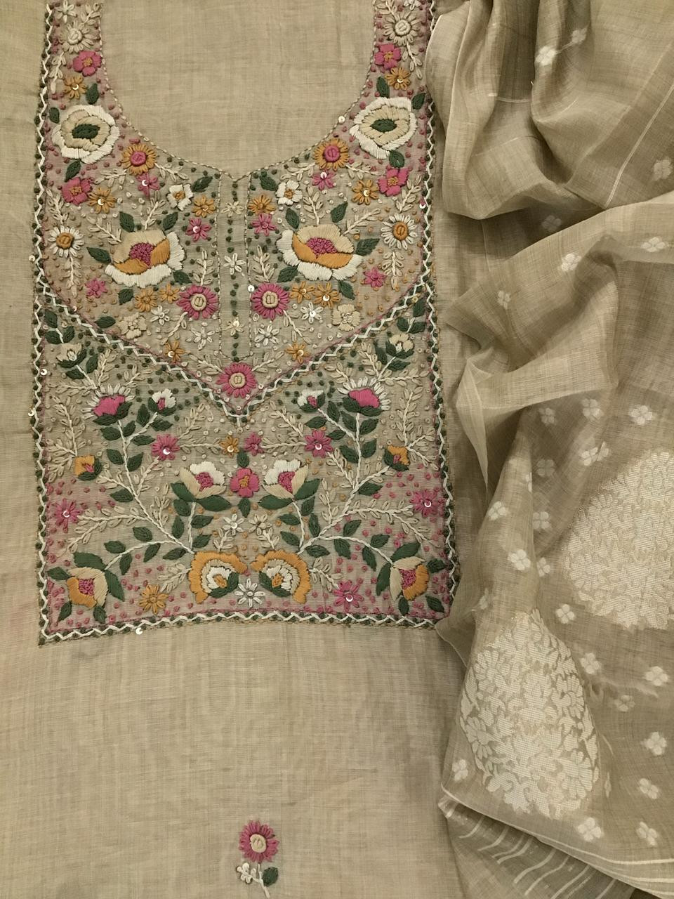 Soft Kora Chanderi Embroidered Suit - Beige
