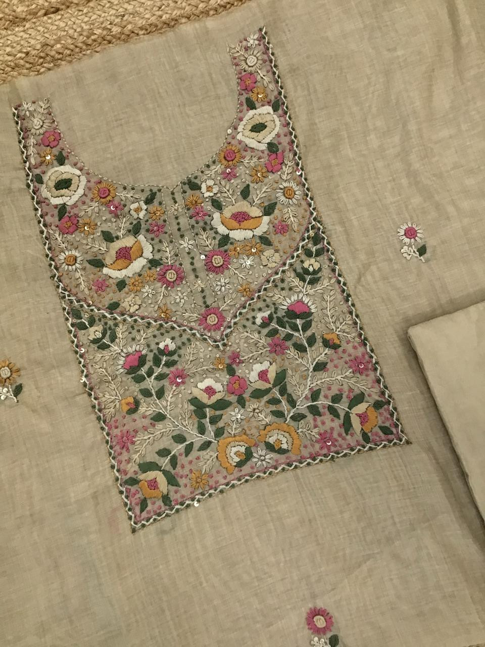 Soft Kora Chanderi Embroidered Suit - Beige