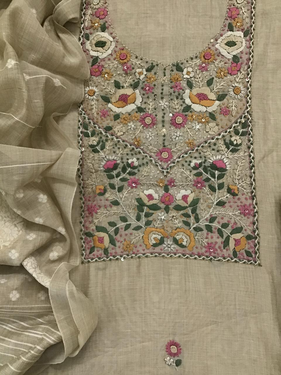 Soft Kora Chanderi Embroidered Suit - Beige