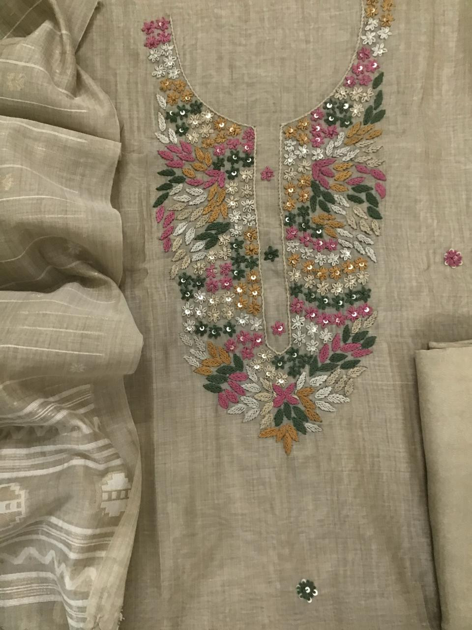 Soft Kora Chanderi Embroidered Suit - Beige