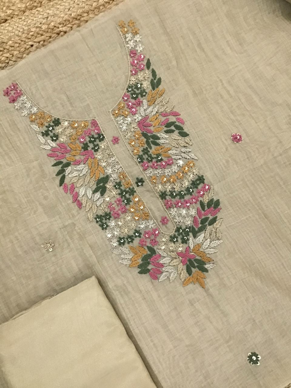 Soft Kora Chanderi Embroidered Suit - Beige