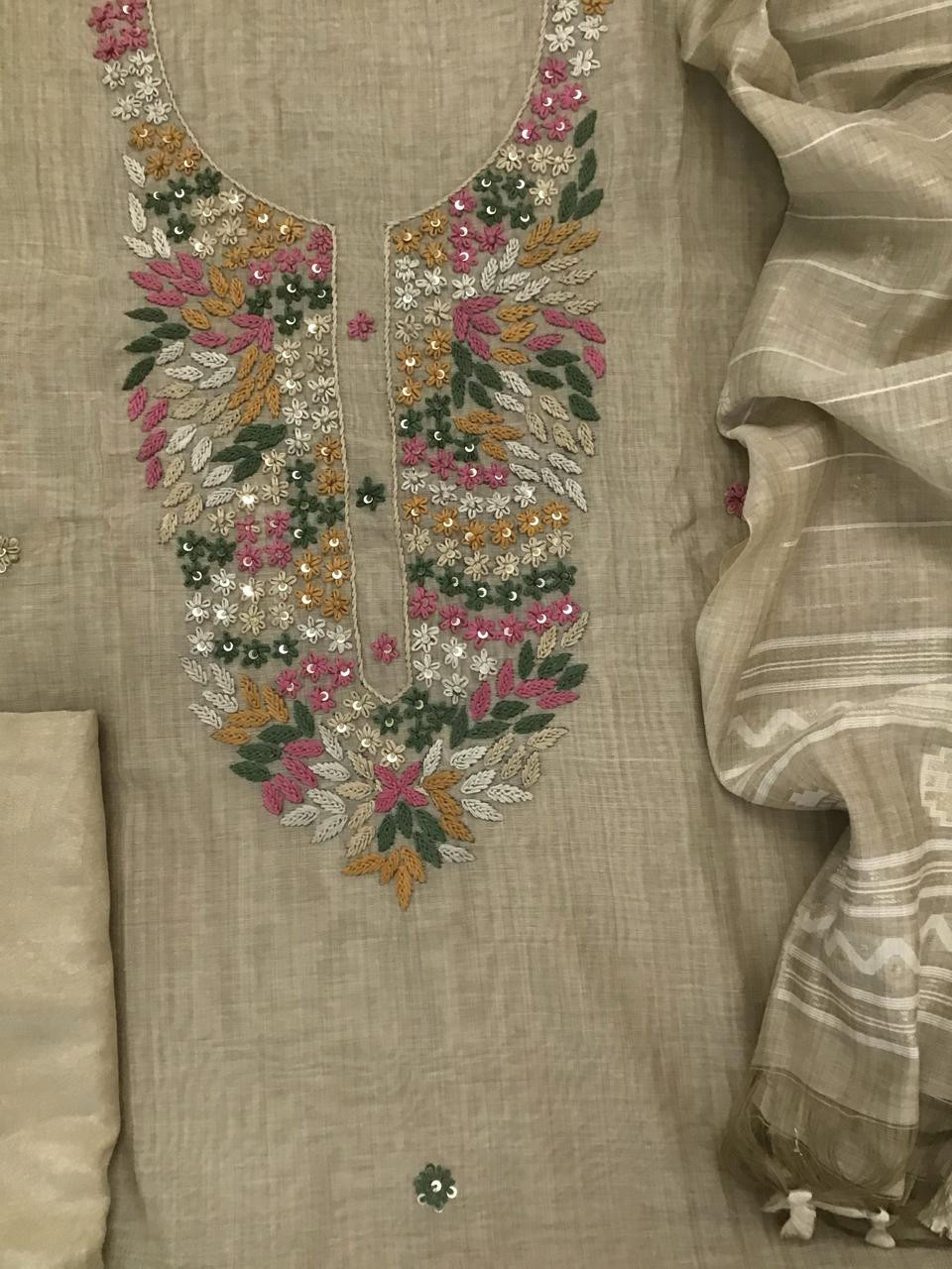 Soft Kora Chanderi Embroidered Suit - Beige