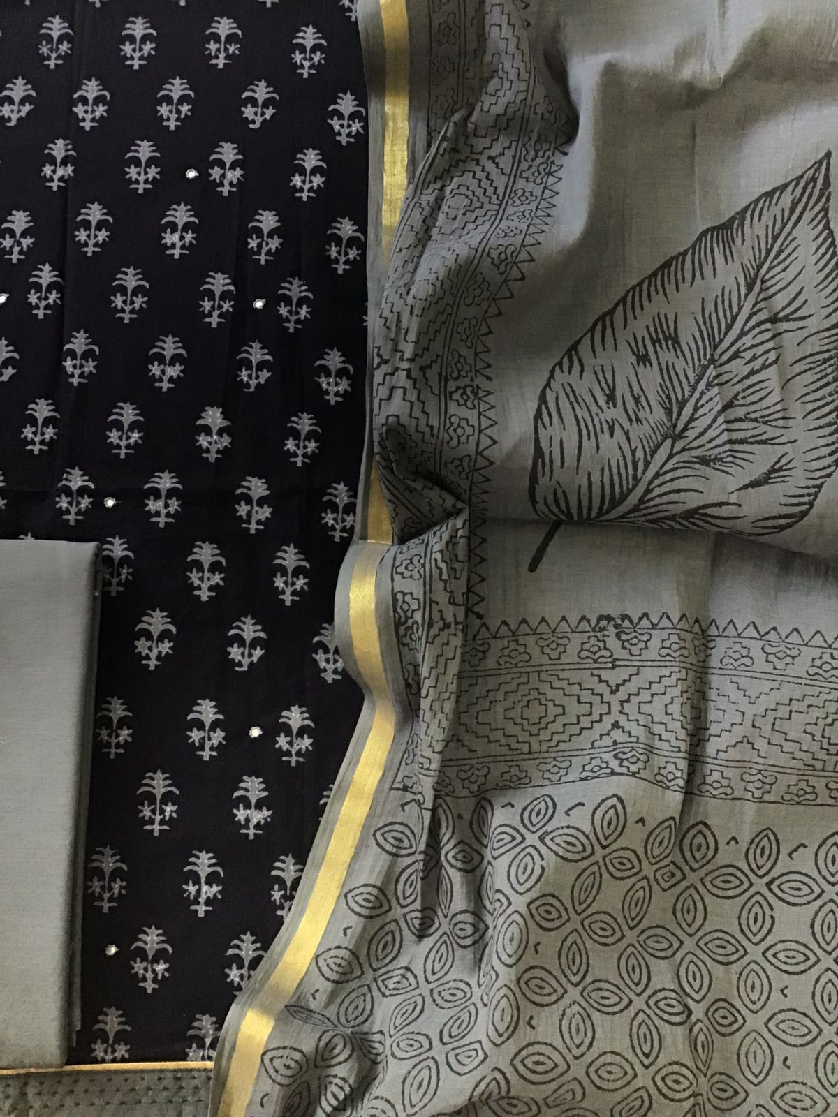 Pure Cotton Printed Embroidered Suit - Black