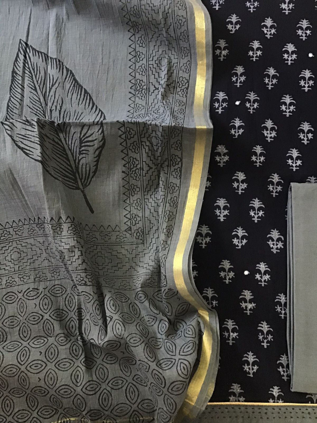 Pure Cotton Printed Embroidered Suit - Black