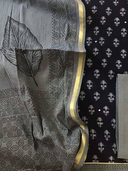 Image of Pure Cotton Printed Embroidered Suit - Black