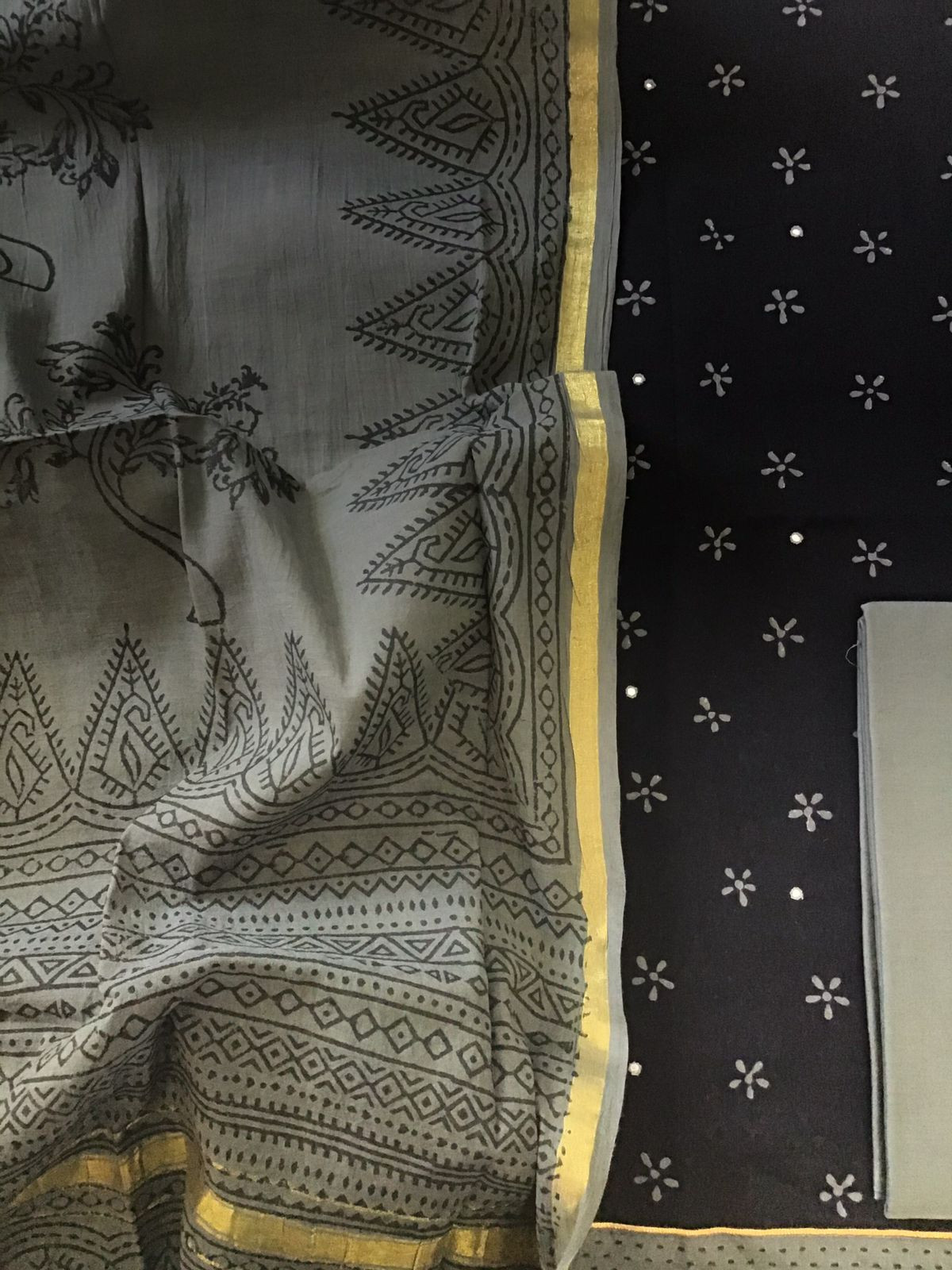 Pure Cotton Printed Embroidered Suit - Black