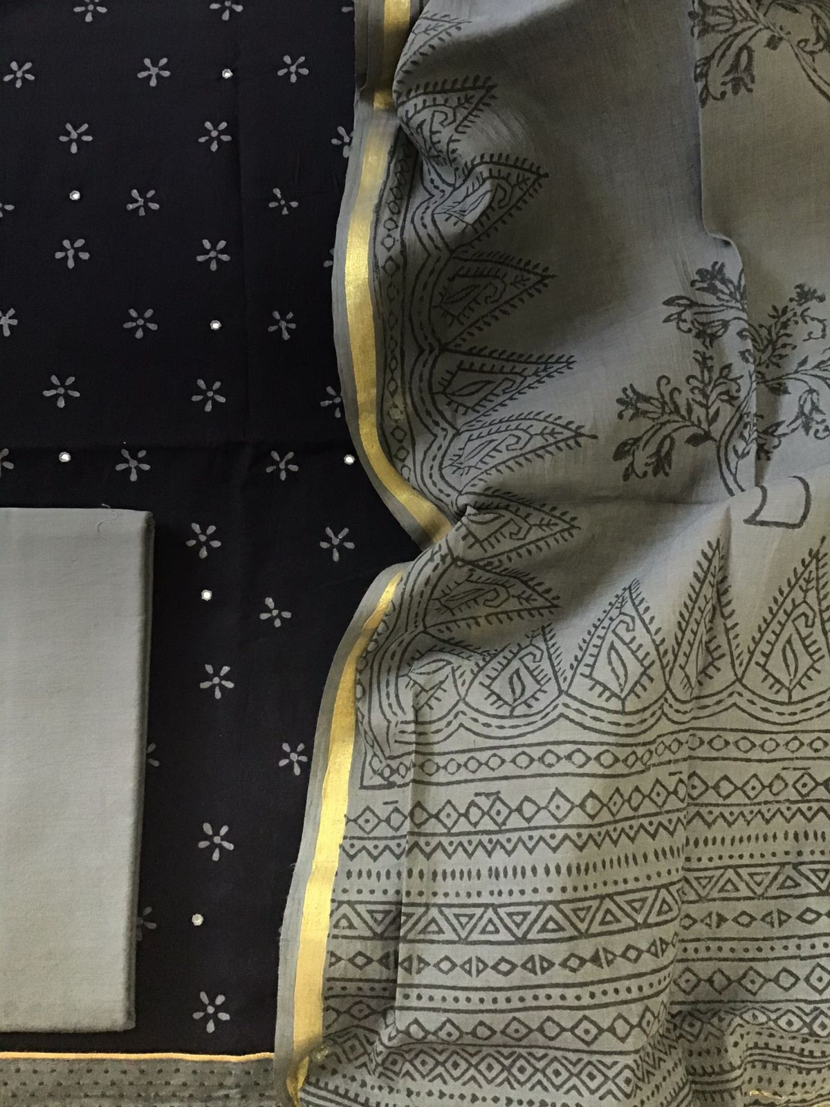 Pure Cotton Printed Embroidered Suit - Black