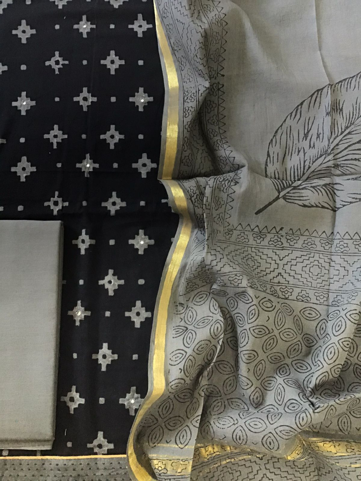 Pure Cotton Printed Embroidered Suit - Black