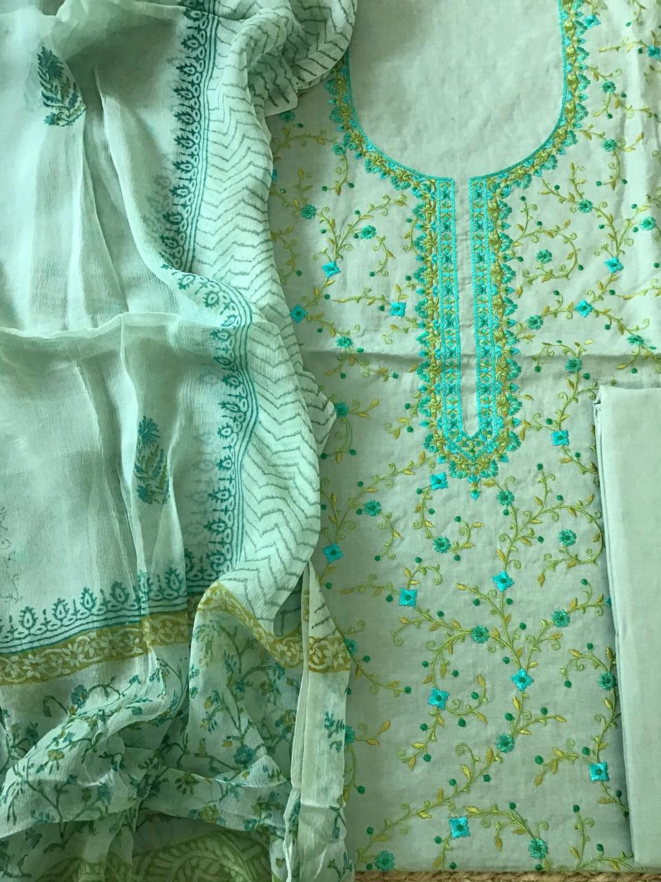 Pure Cotton Printed Embroidered Suit - Green