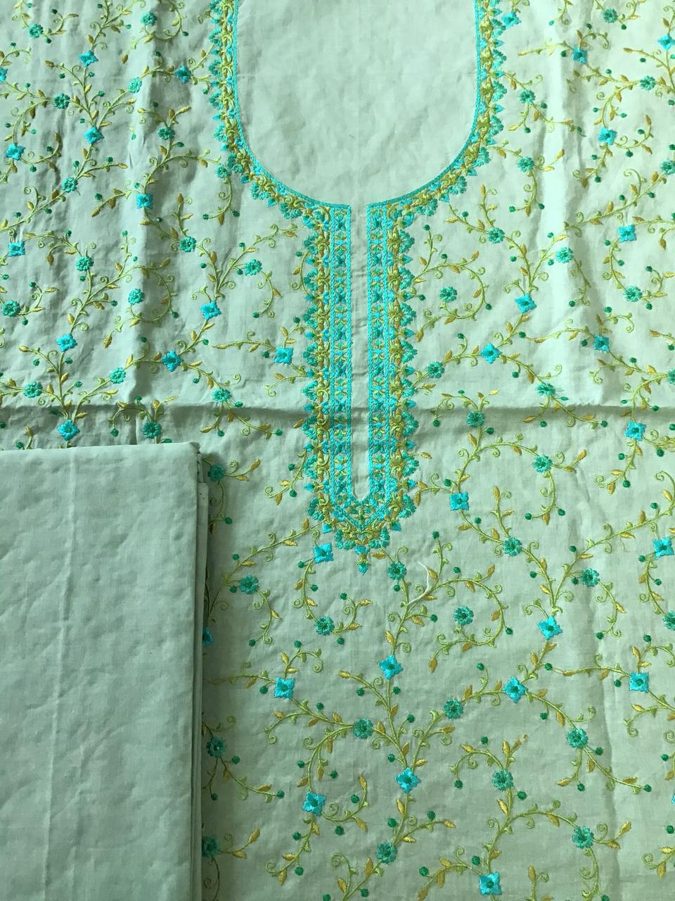 Pure Cotton Printed Embroidered Suit - Green