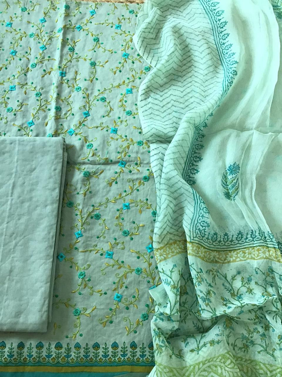 Pure Cotton Printed Embroidered Suit - Green