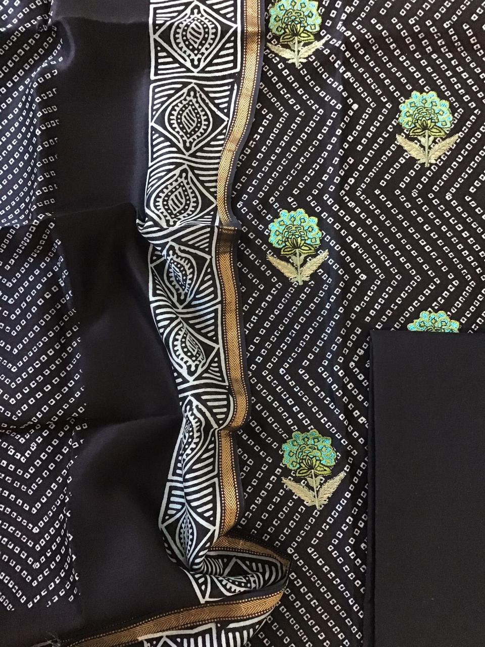 Pure Maheshwari Printed Embroidered Suit - Black