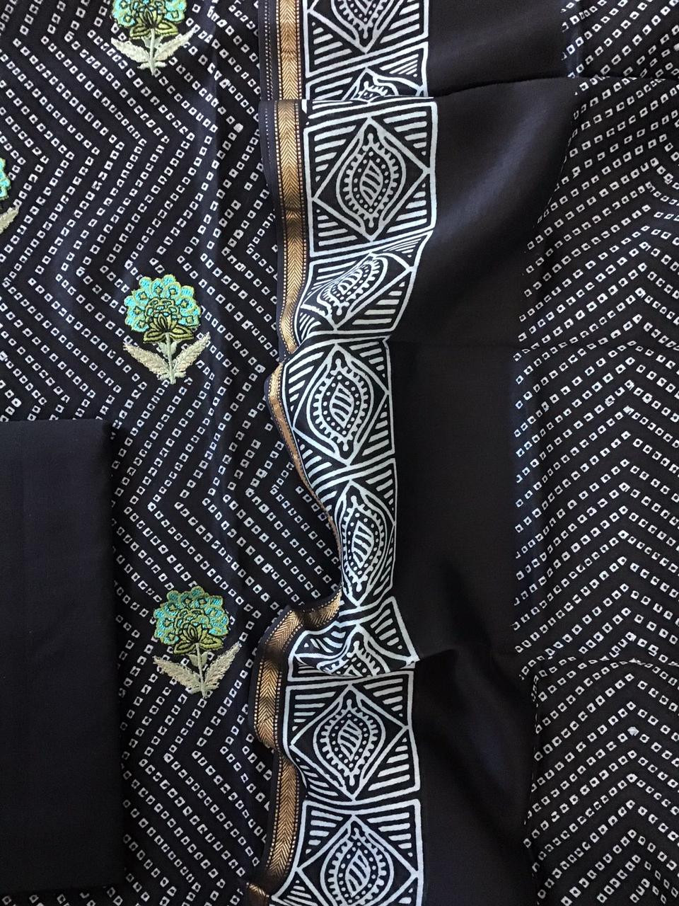 Pure Maheshwari Printed Embroidered Suit - Black