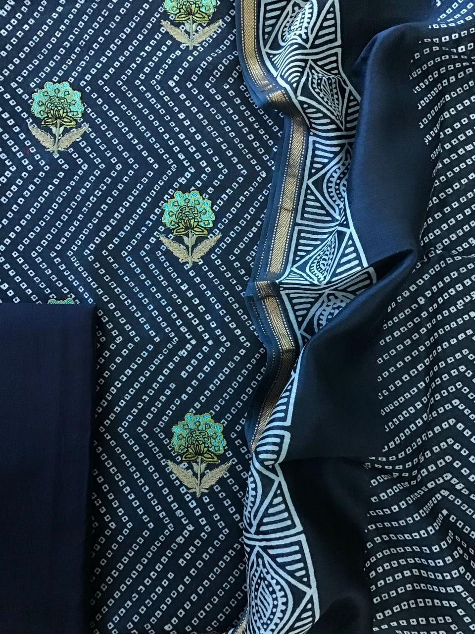 Pure Maheshwari Printed Embroidered Suit - Blue