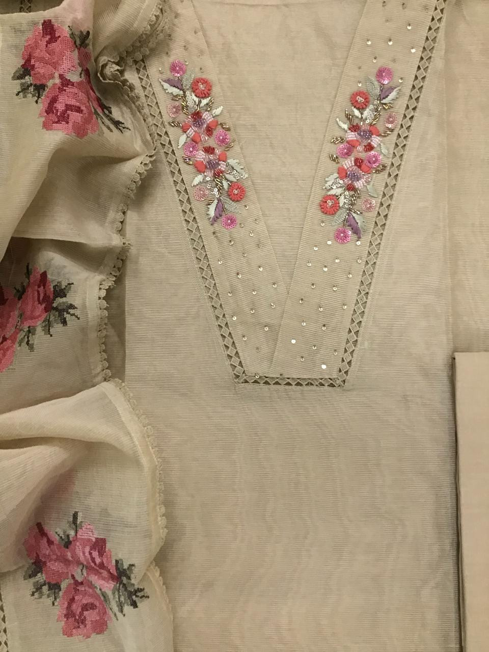 Soft Fine Supernet Embroidered Suit - Beige