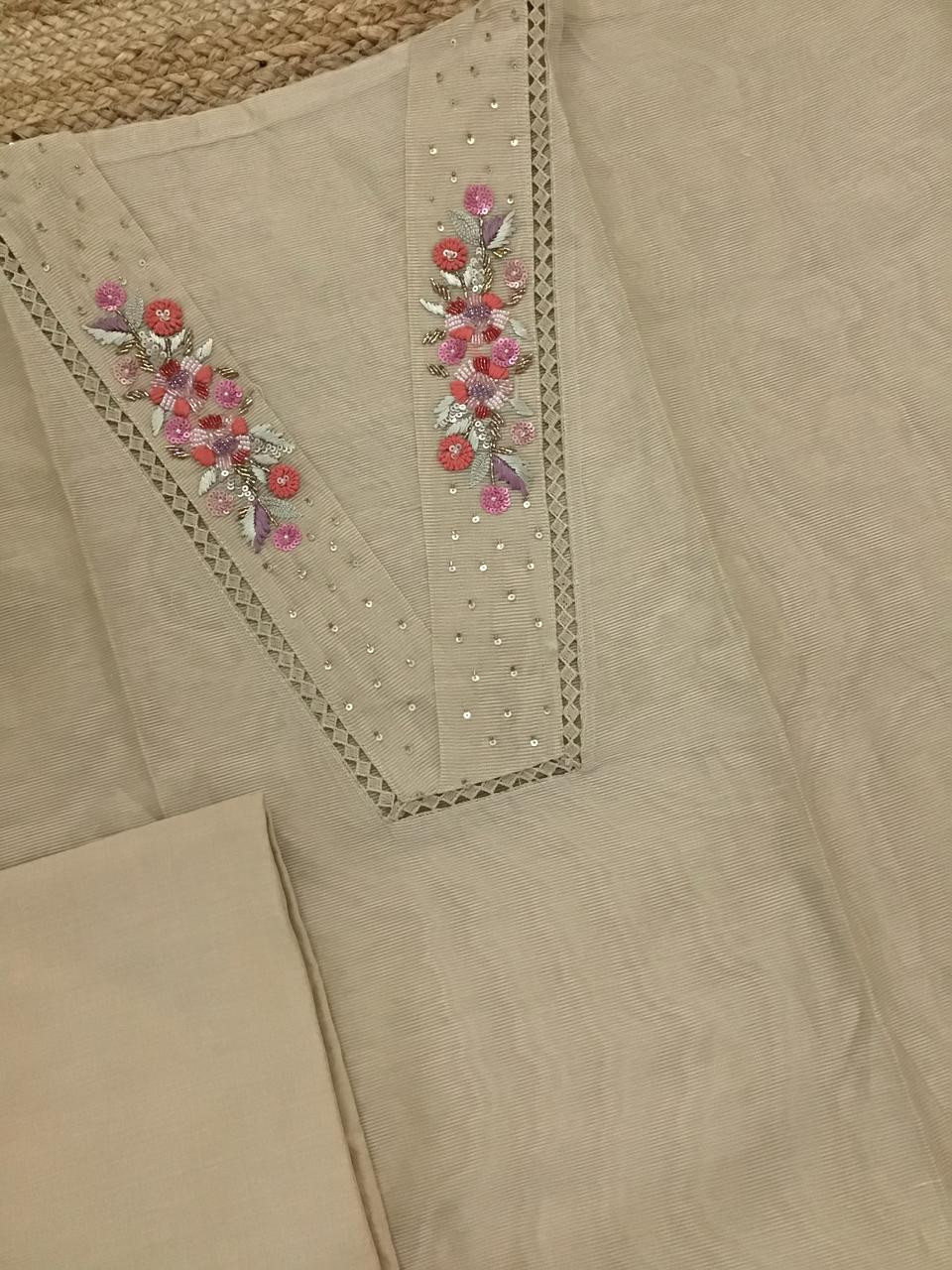 Soft Fine Supernet Embroidered Suit - Beige