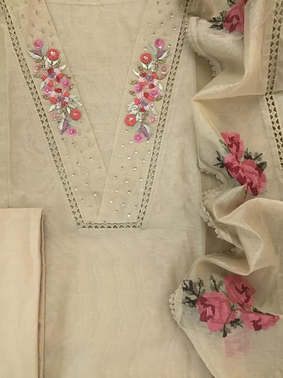 Soft Fine Supernet Embroidered Suit - Beige