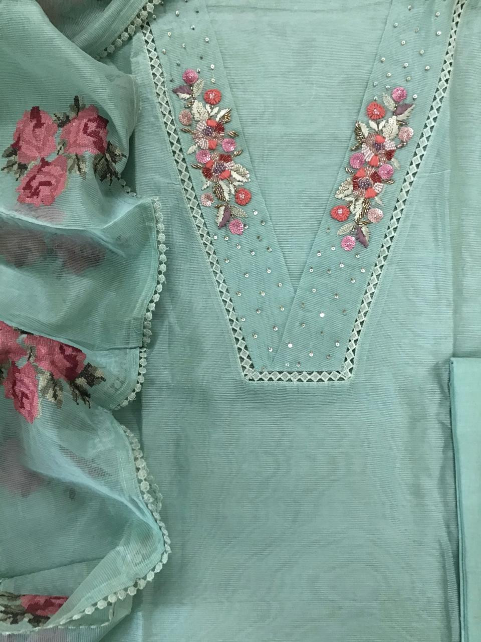 Soft Fine Supernet Embroidered Suit - Sea Green