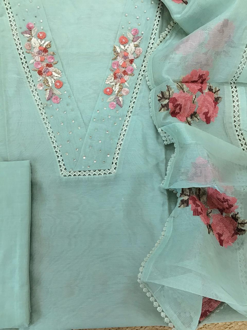 Soft Fine Supernet Embroidered Suit - Sea Green