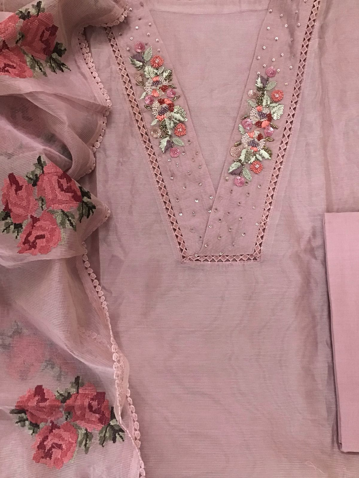 Soft Fine Supernet Embroidered Suit - Pink