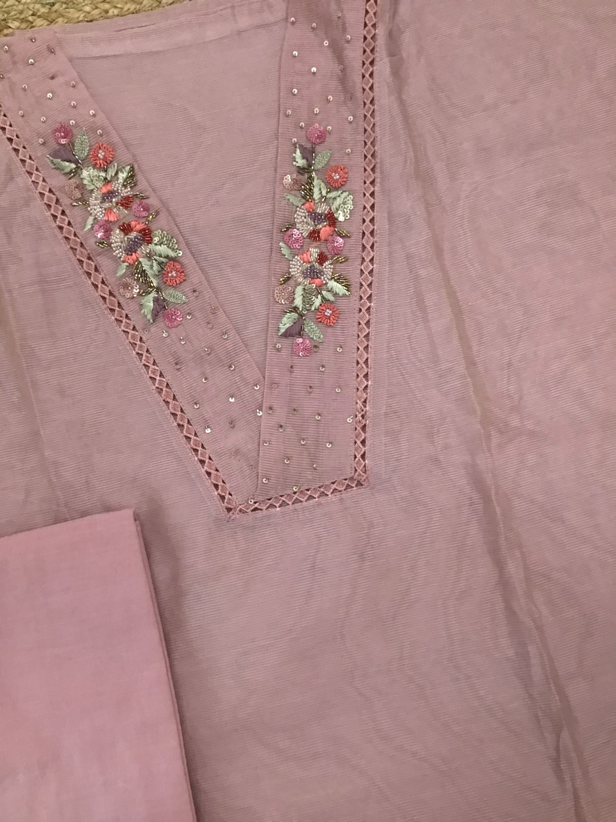 Soft Fine Supernet Embroidered Suit - Pink