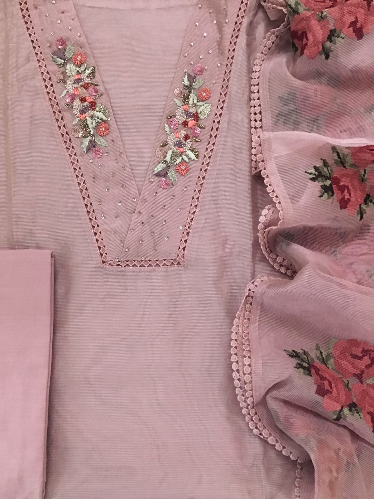 Soft Fine Supernet Embroidered Suit - Pink