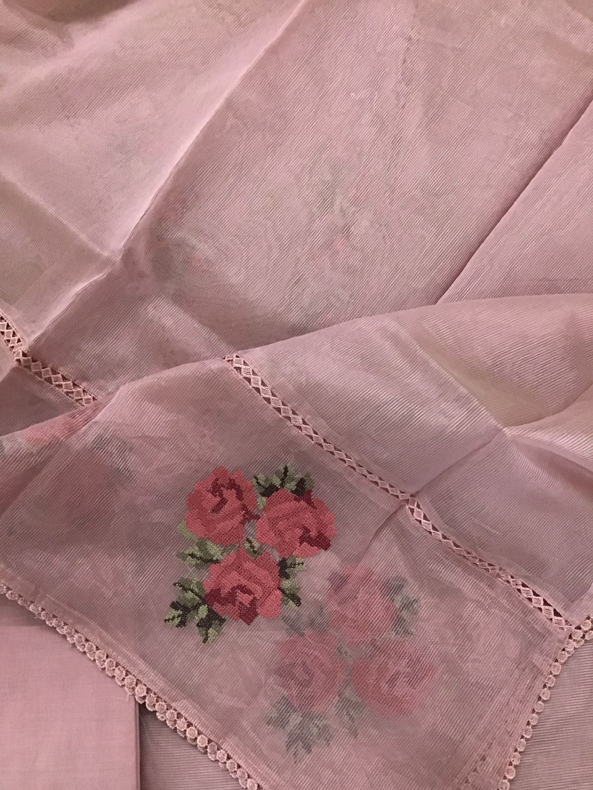 Soft Fine Supernet Embroidered Suit - Pink